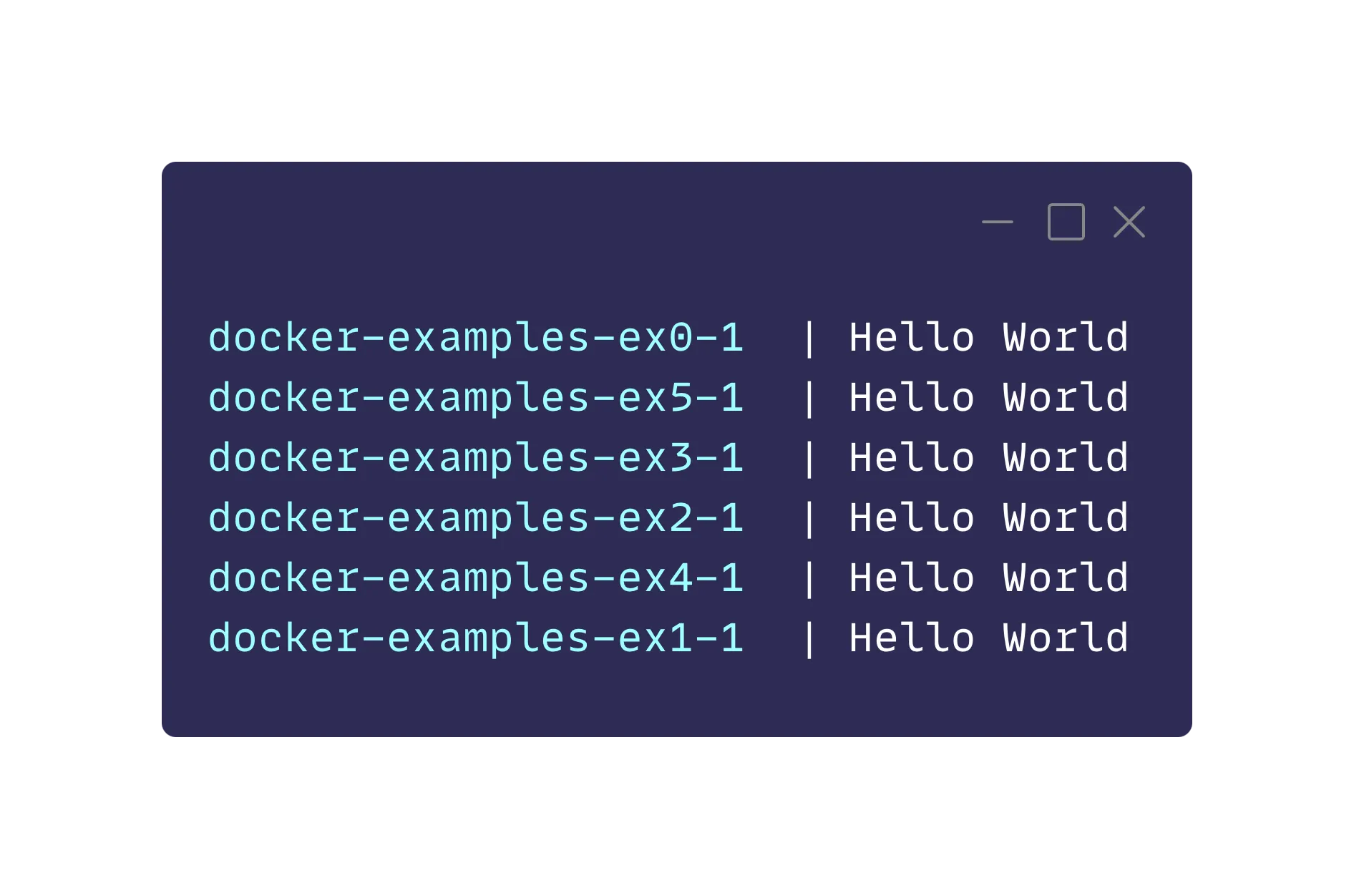 Docker compose output showing 5 containers printing hello world